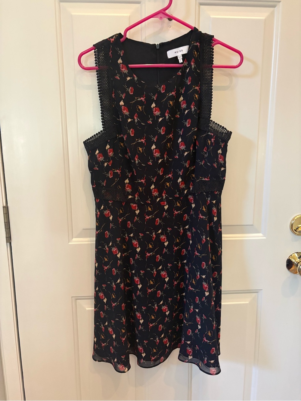 Reiss Black Red Floral Chiffon Dress Lace Trim Sleeveless Fit Flare Cocktail